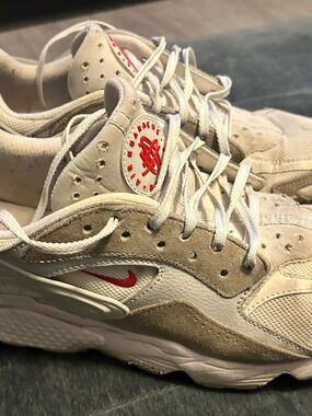 Nike White and Beige Suede Mesh Sneakers with Red Swoosh
